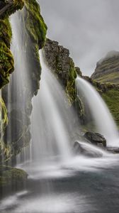 Превью обои водопад, скалы, вода, трава, природа