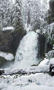 Превью обои водопад, снег, зима, пейзаж, природа