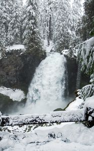 Превью обои водопад, снег, зима, пейзаж, природа