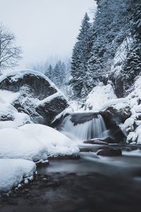 Превью обои водопад, снег, зима, деревья, течение