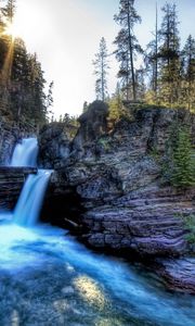 Превью обои водопад, солнце, вода, скалы