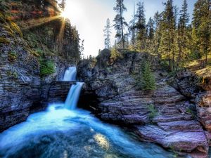 Превью обои водопад, солнце, вода, скалы