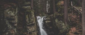 Превью обои водопад, течение, лес, деревья, камни