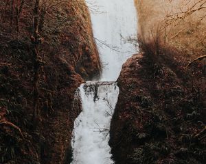 Превью обои водопад, течение, вода, трава, ветки, осень