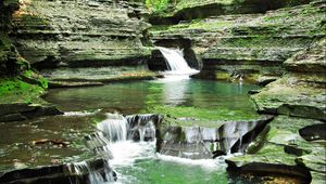 Превью обои водопад, трава, камни, фон