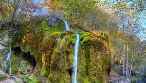 Превью обои водопад, трава, пена, деревья