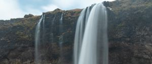 Превью обои водопад, трава, снег, природа