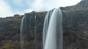 Превью обои водопад, трава, снег, природа