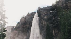 Превью обои водопад, туман, деревья, камни, пейзаж