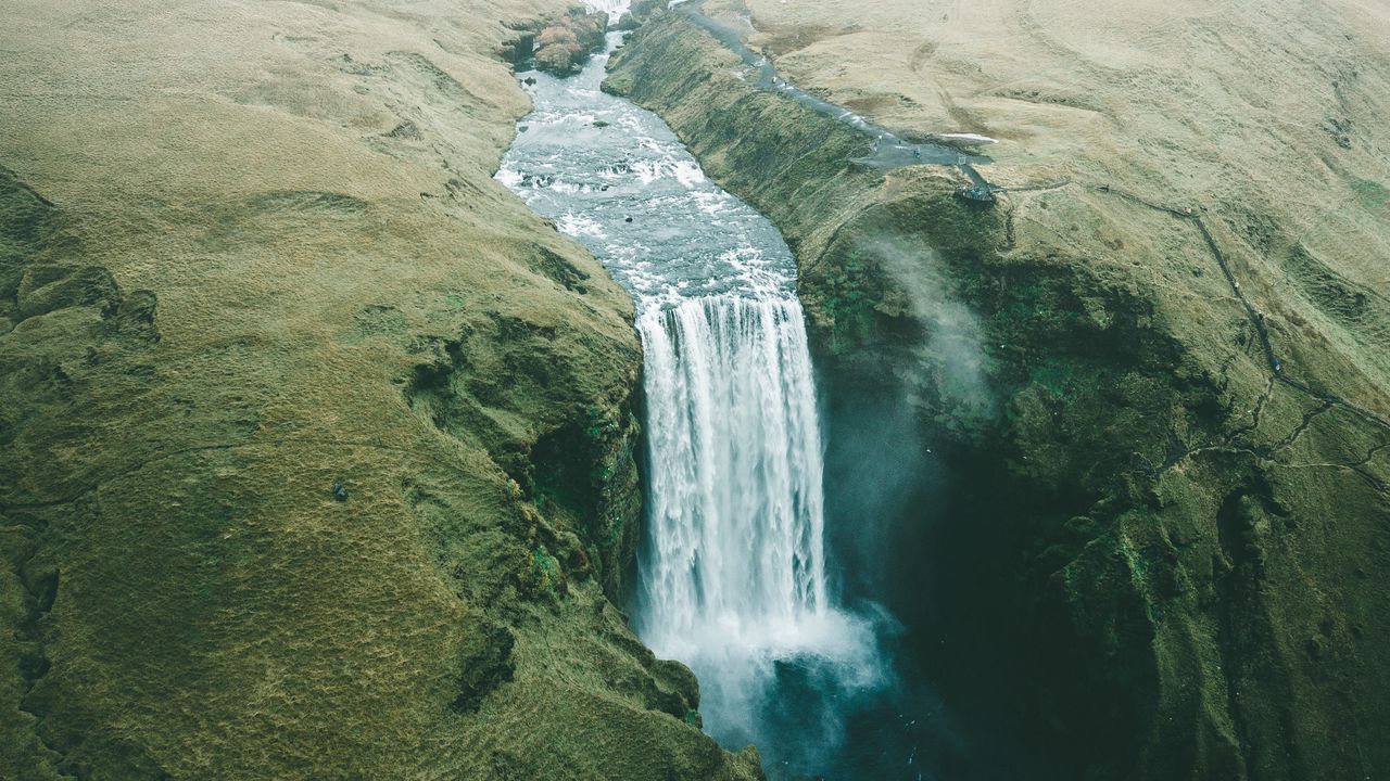 Обои водопад, туман, течение, вода, обрыв