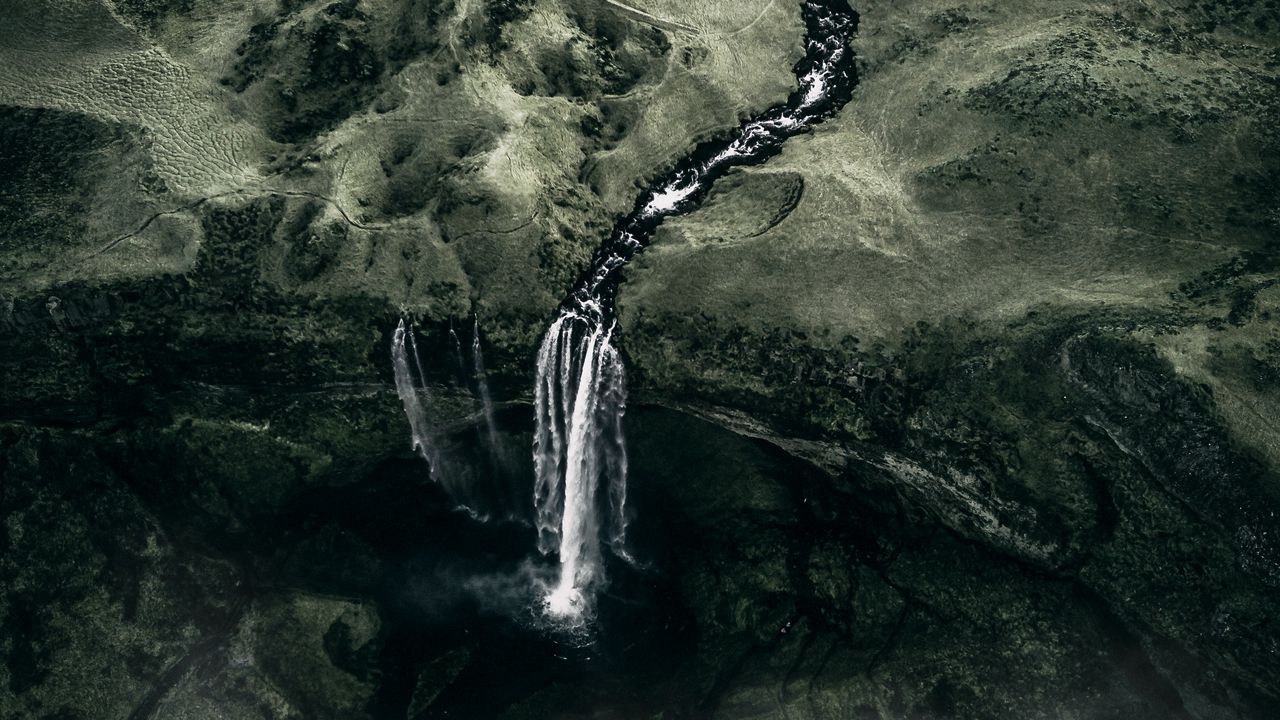 Обои водопад, туман, вид сверху, вода, течение, зеленый