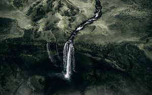 Превью обои водопад, туман, вид сверху, вода, течение, зеленый