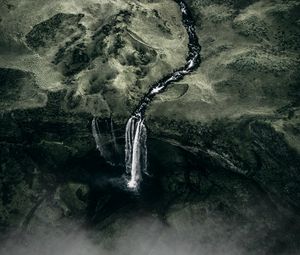 Превью обои водопад, туман, вид сверху, вода, течение, зеленый