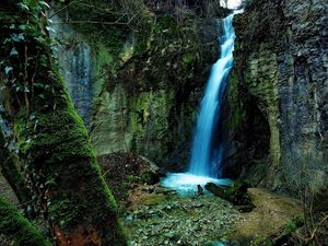Превью обои водопад, ущелье, скалы, мох, зеленый, наросты, дерево, камни