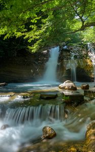 Превью обои водопад, ветка, камни, деревья