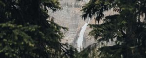 Превью обои водопад, ветки, ель, скалы, деревья