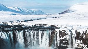 Превью обои водопад, вид сверху, вода, снег, пейзаж