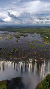 Превью обои водопад, виктория, африка, обрыв, растительность, радуга, разлом