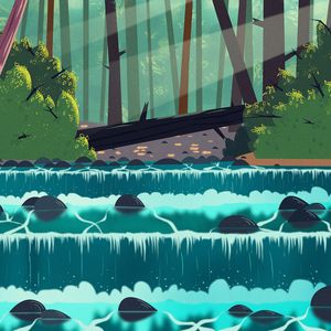 Превью обои водопад, вода, деревья, камни, арт
