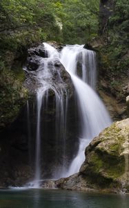 Превью обои водопад, вода, деревья, скалы, природа, пейзаж