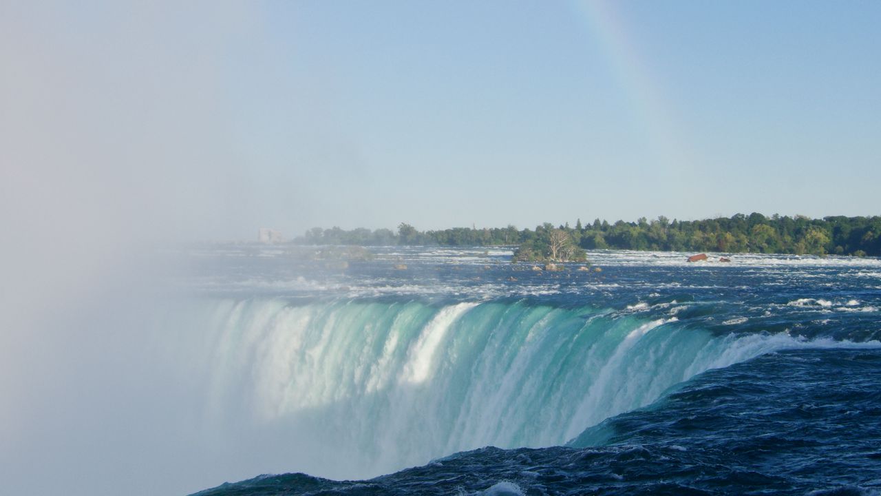 Обои водопад, вода, камень, радуга