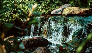 Превью обои водопад, вода, камни, река, кусты