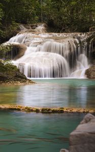 Превью обои водопад, вода, камни, ветки, деревья