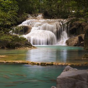 Превью обои водопад, вода, камни, ветки, деревья