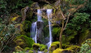Превью обои водопад, вода, камни, мох, деревья, природа