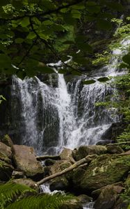 Превью обои водопад, вода, камни, листья, природа, пейзаж