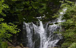 Превью обои водопад, вода, камни, листья, природа, пейзаж