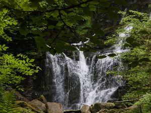 Превью обои водопад, вода, камни, листья, природа, пейзаж