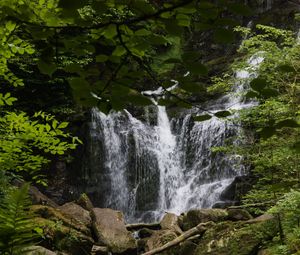 Превью обои водопад, вода, камни, листья, природа, пейзаж