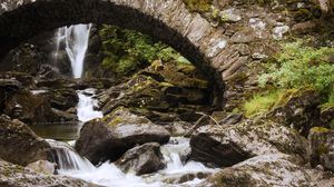 Превью обои водопад, вода, камни, мост, природа