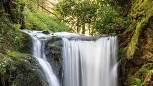 Превью обои водопад, вода, камни, мох, деревья