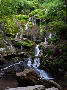 Превью обои водопад, вода, каскад, камни, деревья, природа