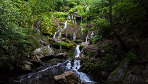 Превью обои водопад, вода, каскад, камни, деревья, природа