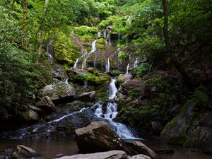 Превью обои водопад, вода, каскад, камни, деревья, природа