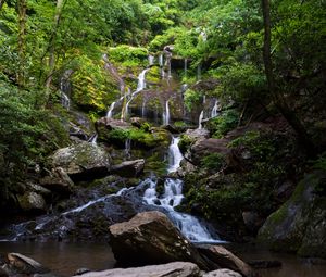 Превью обои водопад, вода, каскад, камни, деревья, природа