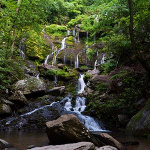 Превью обои водопад, вода, каскад, камни, деревья, природа