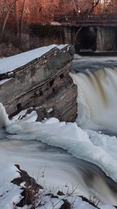 Превью обои водопад, вода, река, камни, снег, зима, природа