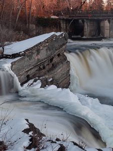 Превью обои водопад, вода, река, камни, снег, зима, природа