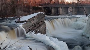 Превью обои водопад, вода, река, камни, снег, зима, природа