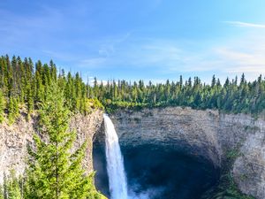 Превью обои водопад, вода, скала, ель, деревья, небо