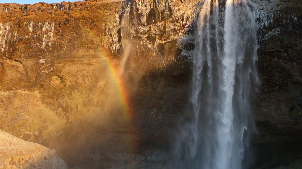 Обои водопад, вода, скала, радуга, природа