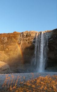 Превью обои водопад, вода, скала, радуга, природа