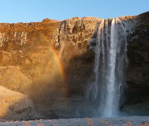 Превью обои водопад, вода, скала, радуга, природа