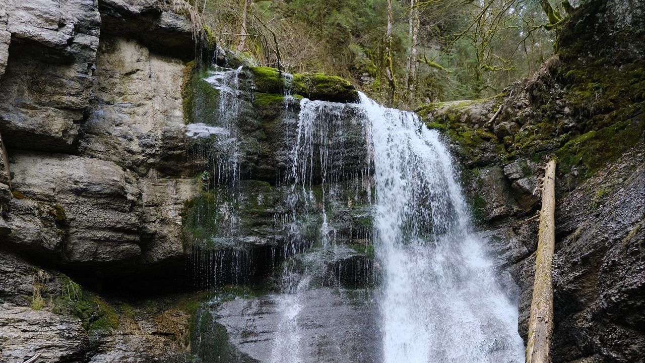 Обои водопад, вода, скала, река, камни, природа