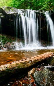 Превью обои водопад, вода, скалы, пейзаж, бревно