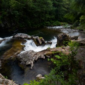 Превью обои водопад, вода, скалы, растения, лес